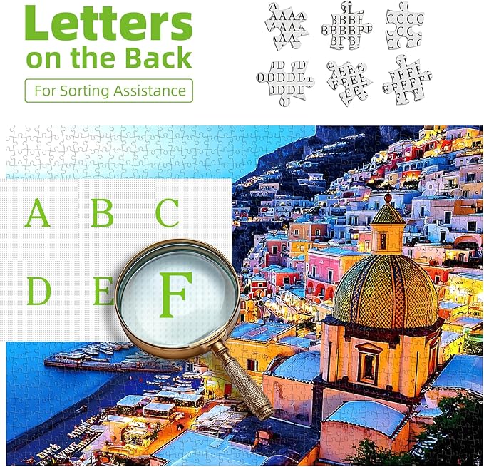 MINIWAN 500 Piece Puzzles for Adults - Positano Coastal Town Night View Jigsaw Puzzle, 23x15 Inches with Unique Irregular Shaped Pieces for Relaxation & Home Wall Decor