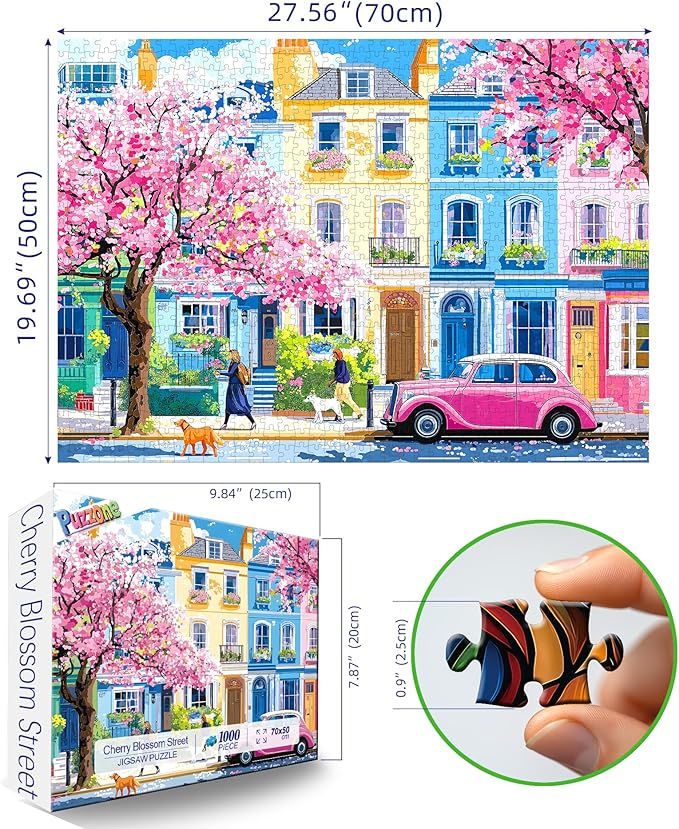 Puzzles for Adults 1000 Pieces Urban Cherry Blossom Spring Street and Pink Vintage Car Art Jigsaw Puzzle for Family Fun Challenging, Party Game Gifts Decoration (27.5" x 19.7")