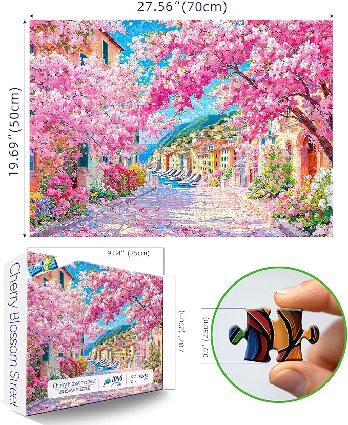 Cinque Terre Cherry Blossom Street 1000 Piece Puzzle for Adults, Fun Spring Puzzles for Adults 1000 Pieces with HD Print & Poster, 27.5 X 19.7 Dust Free, for Gifts Halloween Christmas Family Games