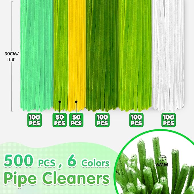 LINAYE 500 PCS Pipe Cleaners Craft, 6 Colors Pipe Cleaners Flowers Kit, Chenille Stems for Crafts with Instruction Wrapping Paper, Flower Stamens, Stems Art and Craft Supplies Green