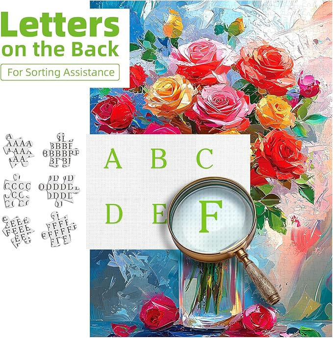 1000 Piece Puzzles for Adults, Rose Flowers Jigsaw Puzzles 1000 Pieces for Adults Oil Painting Floral Art Design with Letters On Back for Family Challenging Decor Great Gift, 27.5 x 19.7 Inch