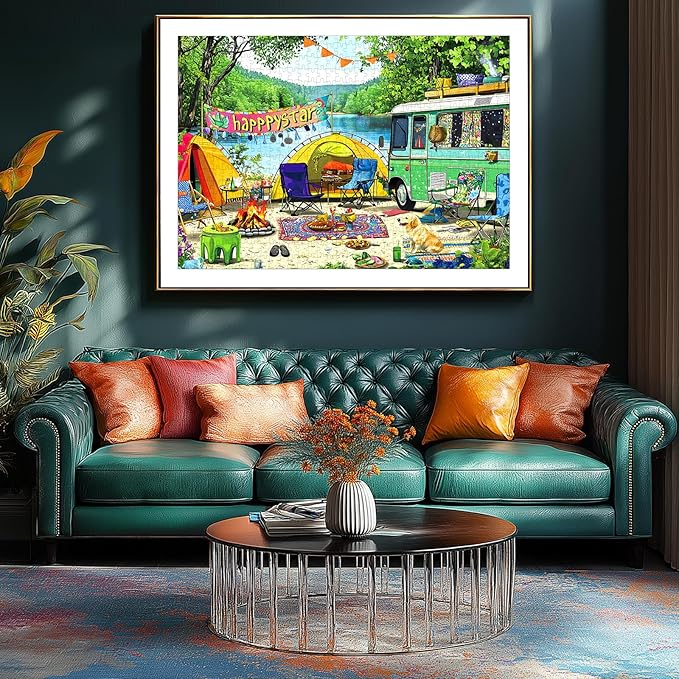 500 Pieces Jigsaw Puzzle for Adults, Vibrant Camping Scene with Retro Camper & Cute Pets, Thick Durable Cardboard, Ideal for Camping Enthusiasts & Puzzle Lovers