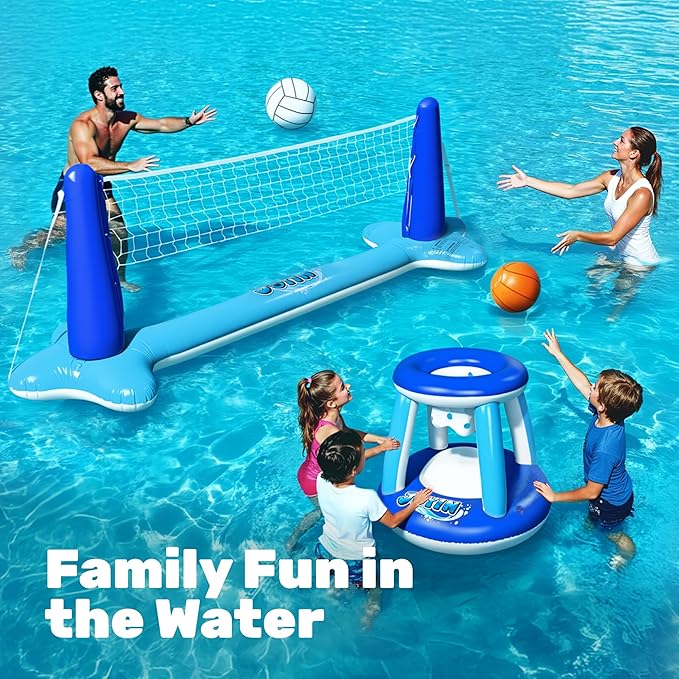 JOYIN Inflatable Volleyball Net & Basketball Hoops Pool Float Set; Balls Included for Kids/Adults, Summing Pool Game, Floating, Summer Floaties, Volleyball Court |Basketball,L-Dark Blue