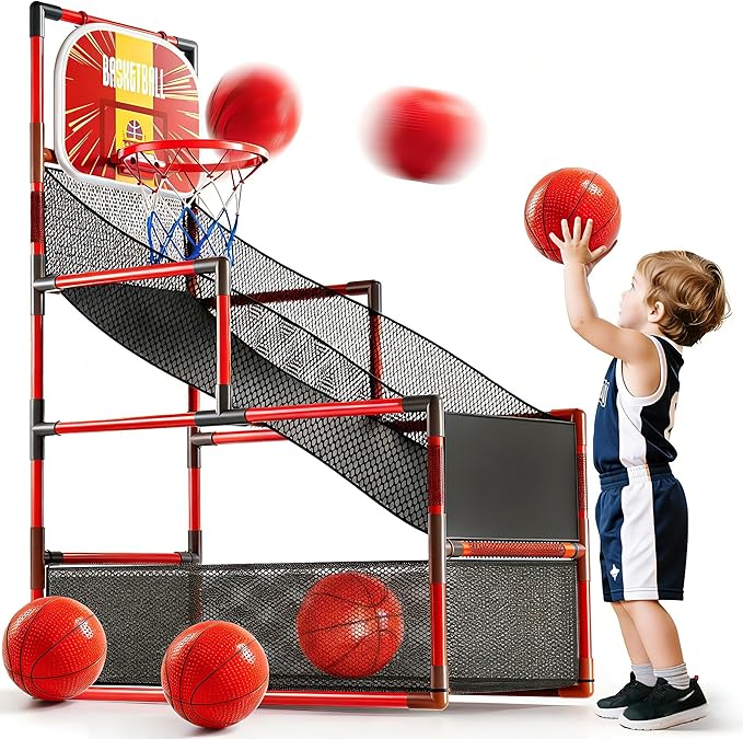Arcade Basketball Game Indoor, Kids Ajustable Basketball Hoop, Outdoor Carnival Sports Play Toy with 4 Balls and Air Pump, Educational Birthday Gift for Boys Girls 3 4 5 6 7 8 Year Old (Red)