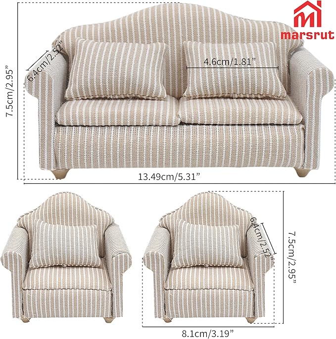 3pcs Dollhouse Couch, 1/12 Scale Living Room Furniture Accessory, Timeless Classic Miniature Double & Single Couch with Pillow, Upholstered Sofa Armchair Set Accessories for Bedroom Sectional Décor