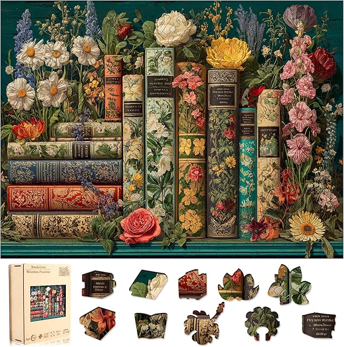 BODHIPNJOY Bookshelf Puzzles for Adults 500 Pieces,Wildflower Books Pages Jigsaw Puzzles Vintage Unique Plant Art Puzzle Family Challenging Games for Seniors Adults 16.5 * 12.4in