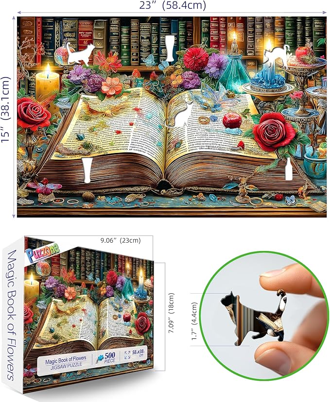 Books Jigsaw Puzzles 500 Pieces, Vintage Magic Flowers Library Puzzle for Adults Challenging for Game Nights Family Fun Decoration, Finished Size 23 x 15 inch