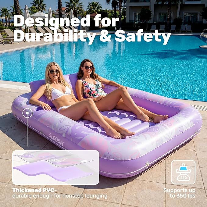 SLOOSH Inflatable Tanning Pool Lounger Float, 85" x 57" Pool Floats Adult with Pillow, 4 in 1 Suntan Tub Raft Floatie,Sunbathing Bed Lounge for Water Blow Up Ball Pit Party Gifts, L-Purple