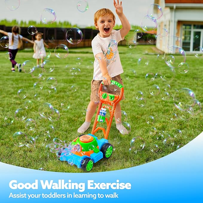 SLOOSH Bubble Lawn Mower Toddler Toys - Spill-Proof Bubble Machine Pretend Gardening Play Toy for Age 1 2 3 1-3 Year Old Baby Boys Indoor Outdoor Use, Easter Basket Stuffers Birthday Gifts (Blue)