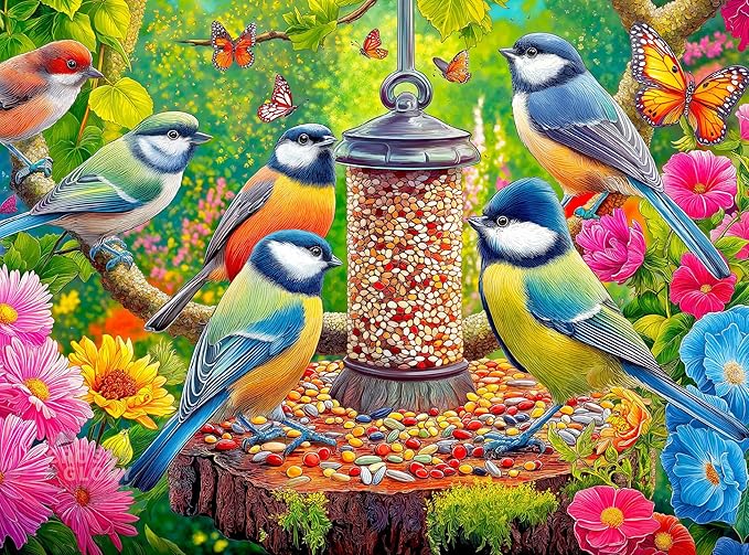 Cross & Glory – Feathers at First Light – 1000 Piece Jigsaw Puzzle for Adults | Colorful Garden Birds & Flowers Scene | Vibrant Nature Puzzle