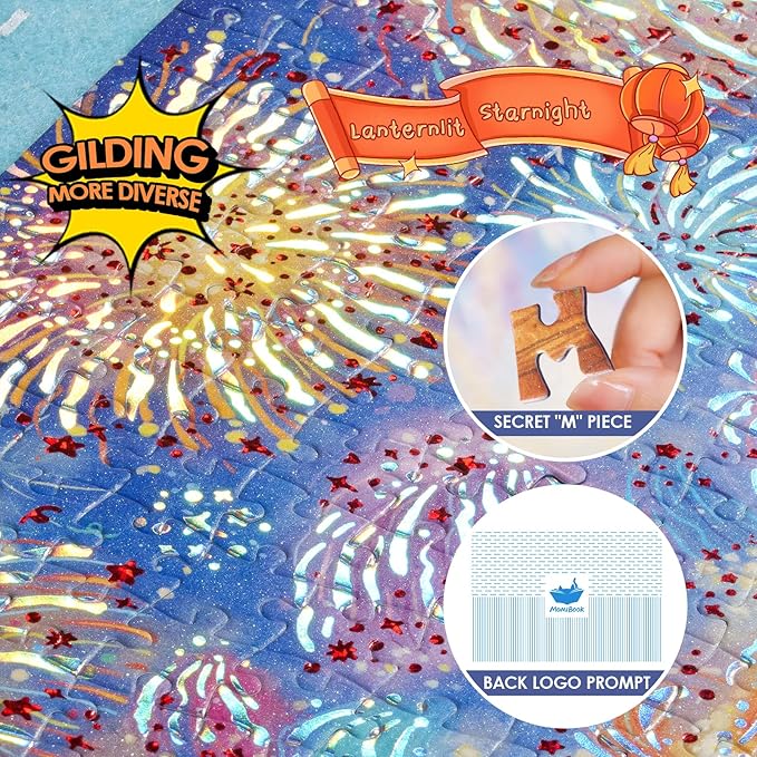 MOMIBOOK 1000 Piece Puzzle for Adults Jigsaw Puzzles of Lanternlit Starnight, Gilding Happy New Year Painting Image Challenging Hard Impossible Puzzle Unique Party Christmas Birthday Gifts