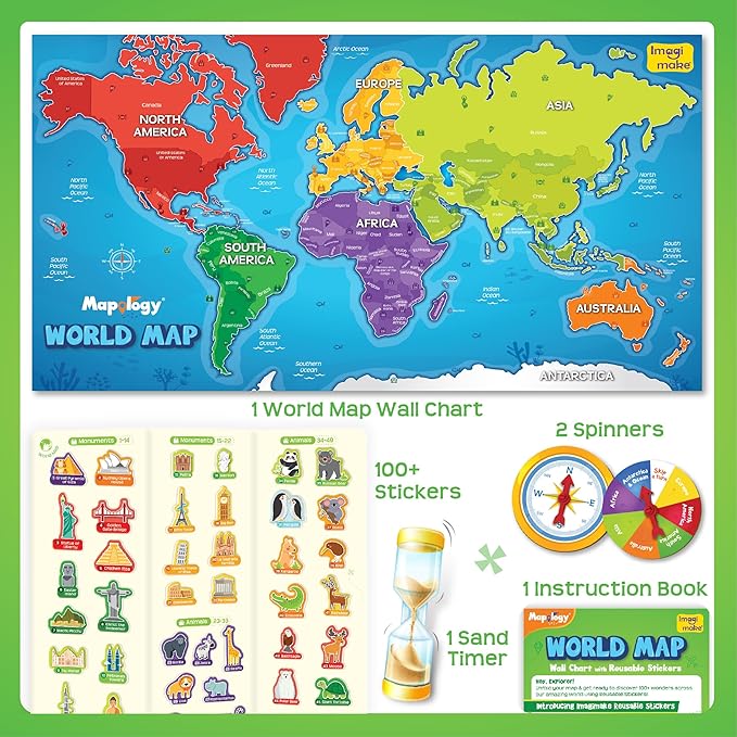 Imagimake Mapology World Map with Reusable Stickers | Geography Game for Kids Ages 5-8 | Learning Toys | Activities for Kids Ages 8-12 | Stem Toys | Gifts for Girls & Boys Age 5,6,7,8,9,10,11,12