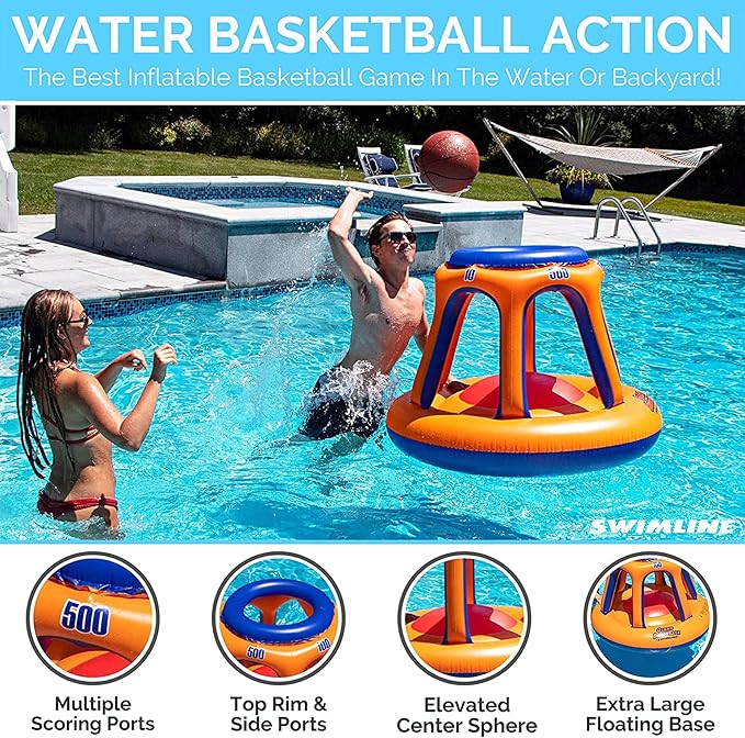 SWIMLINE Inflatable Pool Basketball Hoop Floating Or Poolside Game Giant Shootball Multiple Scoring Ports For Kids & Adults Swimming Splash Hoops With Water Basketball Pools Toy Outdoor Summer Hoops