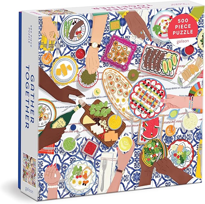 Galison Gather Together – 500 Piece Puzzle Fun and Challenging Activity with Bright and Bold Artwork of Mediterranean Vignette of Friends and Family for Adults and Families