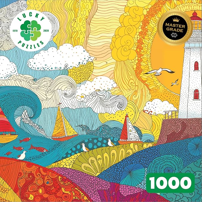 Lucky Puzzles - Lighthouse of a Thousand Suns - 1000 Piece Jigsaw Puzzle for Adults | Unique Nautical Zentangle Puzzle | Premium Puzzle Gift for Ocean and Art Lovers