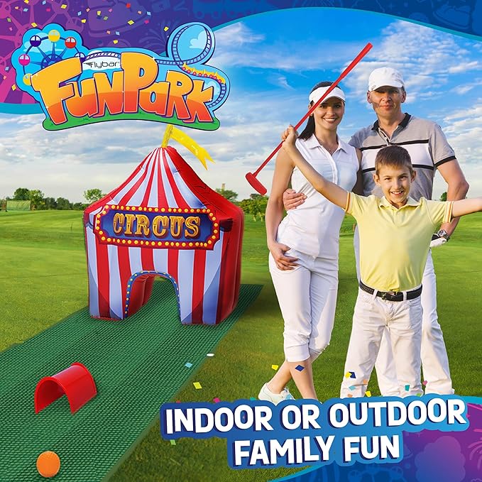 FunPark Inflatable Mini Golf Set – 13-Piece Course with Adjustable Clubs, Balls, Putting Cups, Green Mats and Themed Obstacles for Indoor or Outdoor Play, Active Game for Boys ANG Girls, Ages 6+