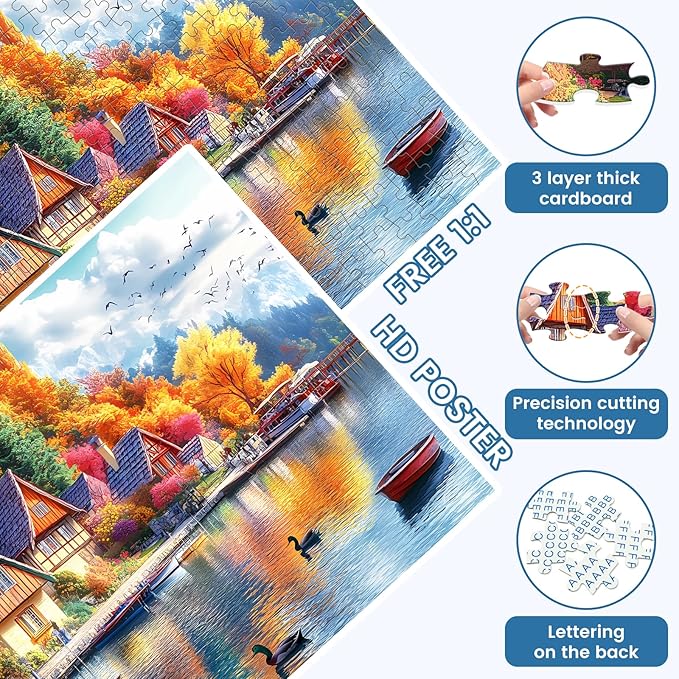 300 Pieces Fall Puzzle for Adults, Autumn lochs Puzzle for Adults, Challenging Game Home Decor Birthday Party Gift Toy for Adults Kids Seniors 20.5×15 inch