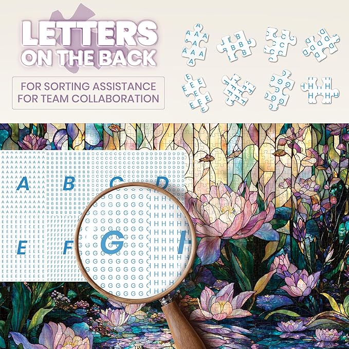 Puzzles for Adults 1000 Pieces - Stained Glass Lotus Mosaic Flower Floral - 1000 Piece Puzzles with Letters on Back - Jigsaw Puzzles 1000 Pieces for Fun Game - 27.6" L X 20.5" W, 1:1 Poster