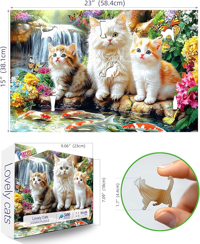 500 Pieces Puzzles for Adults, 500 Pieces Puzzles Cats and Koi Pond, Animal Pet Lover Jigsaw Puzzle for Adults Challenging Perfect for Game Nights (27.5"x19.7")
