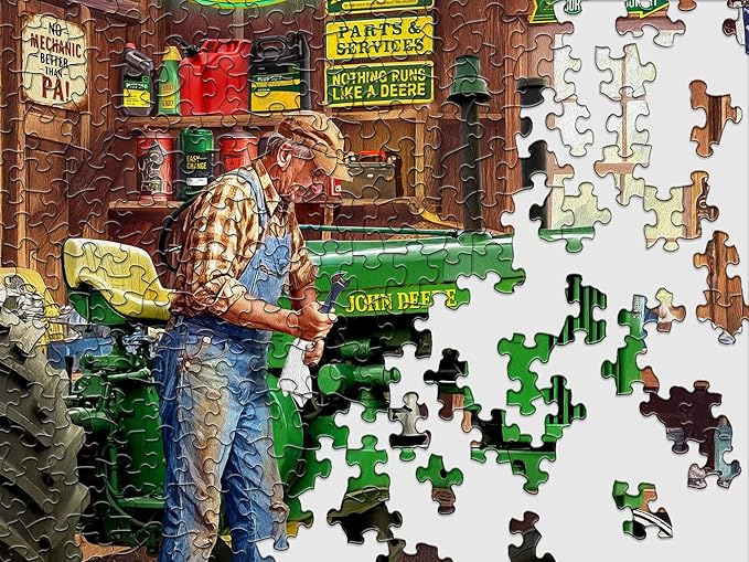 Springbok Grandpa's Garage 1000 Piece Jigsaw Puzzle for Adults - John Deere Tractor - Unique Cut Pieces - Made in USA