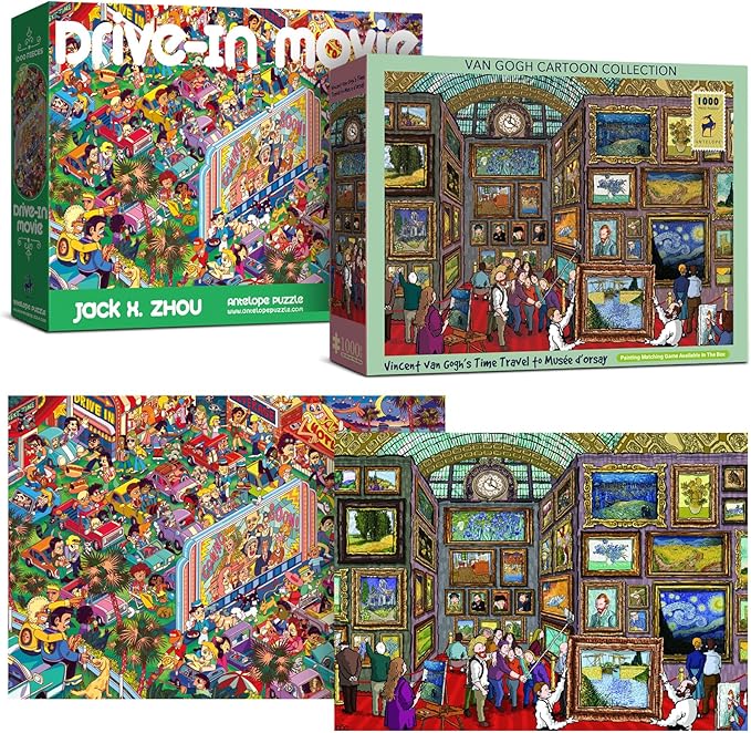 Antelope 2 in 1 1000 Piece Puzzle Bundle-Van Gogh's Time Travel to Muse Da Orsay-1000 Piece Jigsaw Puzzle Bundle with Drive-in Movie-1000 Piece Jigsaw Puzzle,Time Travel to Orsay + Drive-in Movie