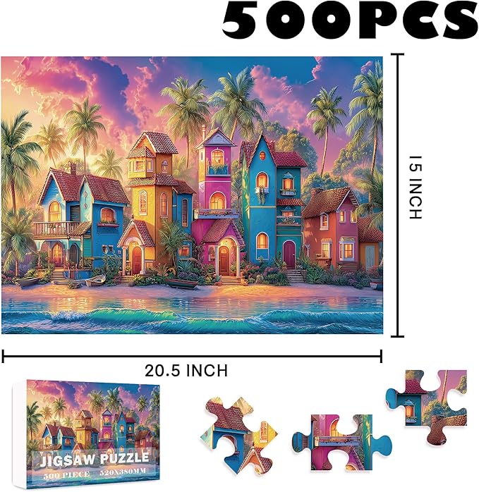 Beach Puzzles for Adults 500 Piece, Xovnio Panoramic Cottage Seaside Romantic Art Jigsaw Puzzle, Beach Ocean Summer Puzzle, Colorful House Jigsaw Puzzles