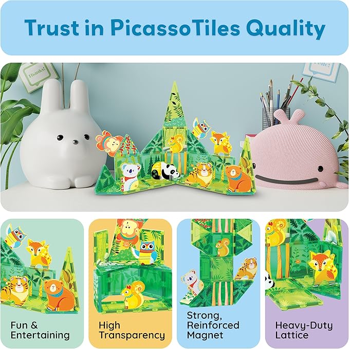 PicassoTiles Magnet Tile Building Blocks 8 Magnets Forest Animal Action Figures Compatible Magnetic Accessory Tiles Construction Toy Set STEM Educational Learning Toddler Girls Boys Ages 3+ PTA26