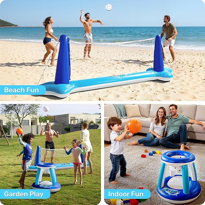 JOYIN Inflatable Volleyball Net & Basketball Hoops Pool Float Set; Balls Included for Kids/Adults, Summing Pool Game, Floating, Summer Floaties, Volleyball Court |Basketball,L-Dark Blue