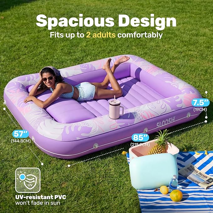 SLOOSH Inflatable Tanning Pool Lounger Float, 85" x 57" Pool Floats Adult with Pillow, 4 in 1 Suntan Tub Raft Floatie,Sunbathing Bed Lounge for Water Blow Up Ball Pit Party Gifts, L-Purple