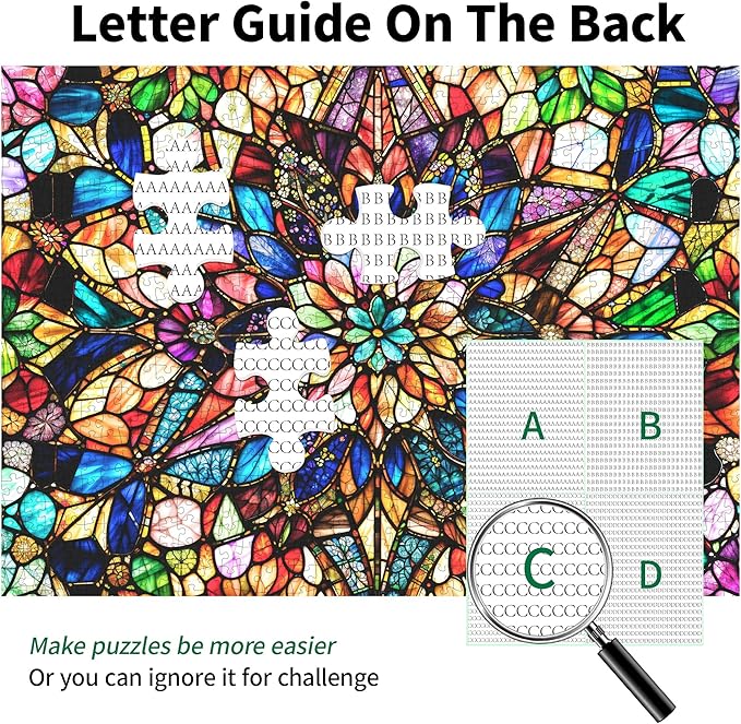 Impossible Jigsaw Puzzles for Adults 1000 Pieces-Stained Glass Puzzles Floral Hard Challenging Puzzles with Letter on Back, Difficult Jigsaw Puzzle 1000 Pieces Puzzle for Adults with 1:1 Poster