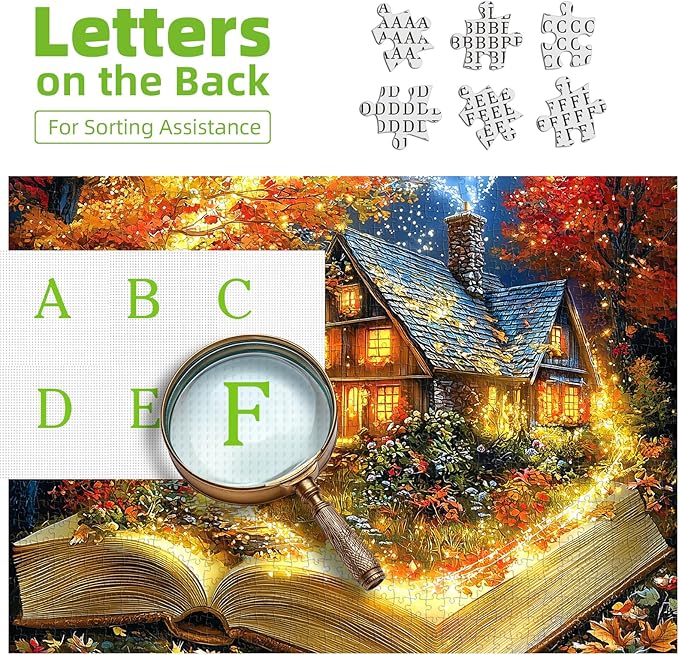 MINIWAN Magical Open Book Autumn Cottage 500 Piece Jigsaw Puzzle for Adults, Fantasy Fall Cabin Glowing Tree Jigsaw Puzzle, Large Piece Puzzle for Seniors Gift for Book & Autumn Lovers 20x20 Inches
