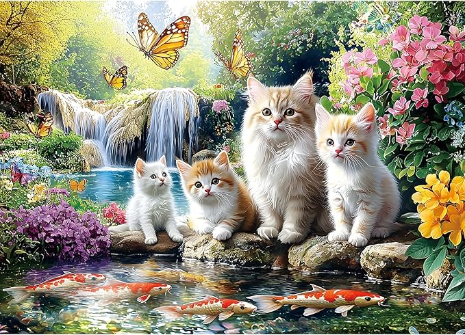 Puzzles for Adults 1000 Pieces, Fun Cats & Koi Fish - Waterfall Scene with Butterflies, Animal Pet Lover Jigsaw Puzzle 1000 Pieces Challenging Perfect for Game Nights (27.5"x19.7")