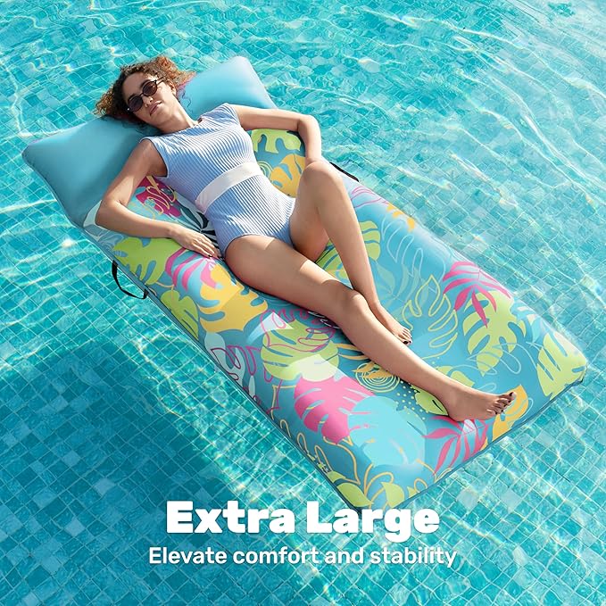 SLOOSH Inflatable Pool Floats Lounger - XL Fabric Covered Pool Mat Floaties for Adults, Ultra Comfort Water Floating Lounger with Headrest for Beach Lake Swimming Pool Float Raft 68"X34"
