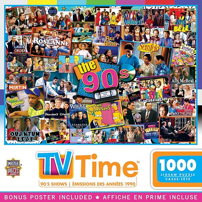 MasterPieces - 1000 Piece Jigsaw Puzzle, 90’s TV Shows Collage, Fun for Adults, Family, Kids, Non-Glare Finish, 19.25" x 26.75"