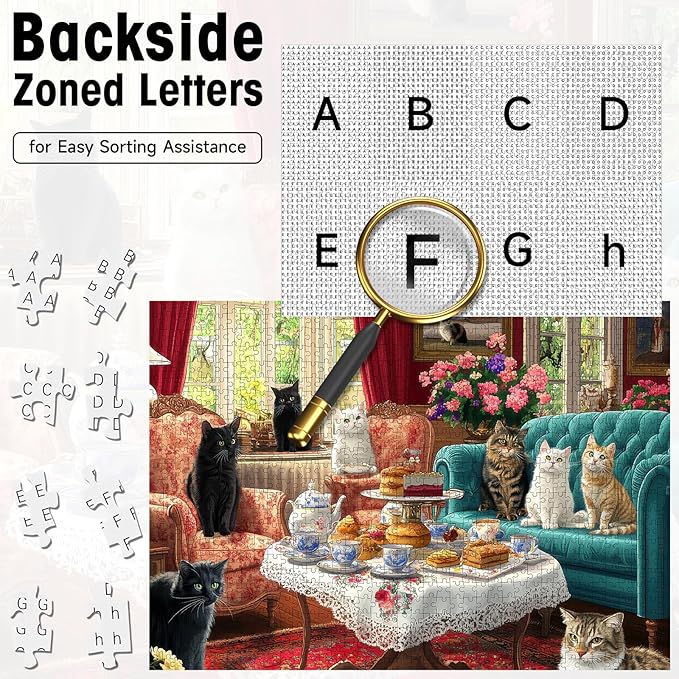 Cat Afternoon Tea Puzzles for Adults 1000 Pieces, Vintage Cat Jigsaw Puzzle with Letters on Back, 28x20 Inch Wall Art, Hard Challenging Family Game, Easter