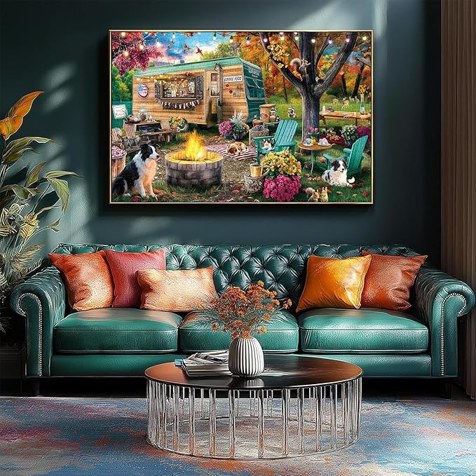 300 Piece Puzzles for Adults, 300 Piece Puzzles for Adults Large Piece, Autumn Camping Campfire Dogs Truck Jigsaw Puzzle, Challenging Puzzle Perfect for Game Nights, 20.5 X 15 in