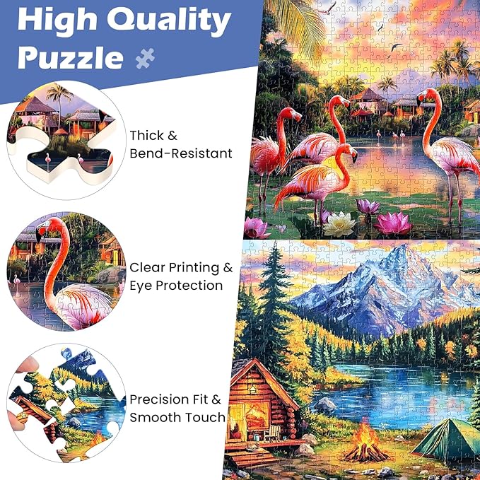 2 Pack 500 Pieces Puzzle for Adults,Snow Mountain Flamingo Jigsaw Puzzles 500 Pieces for Adults Seniors Adult Jigsaw Puzzles Games Premium Cardboard Puzzle for Relaxation Family Activity