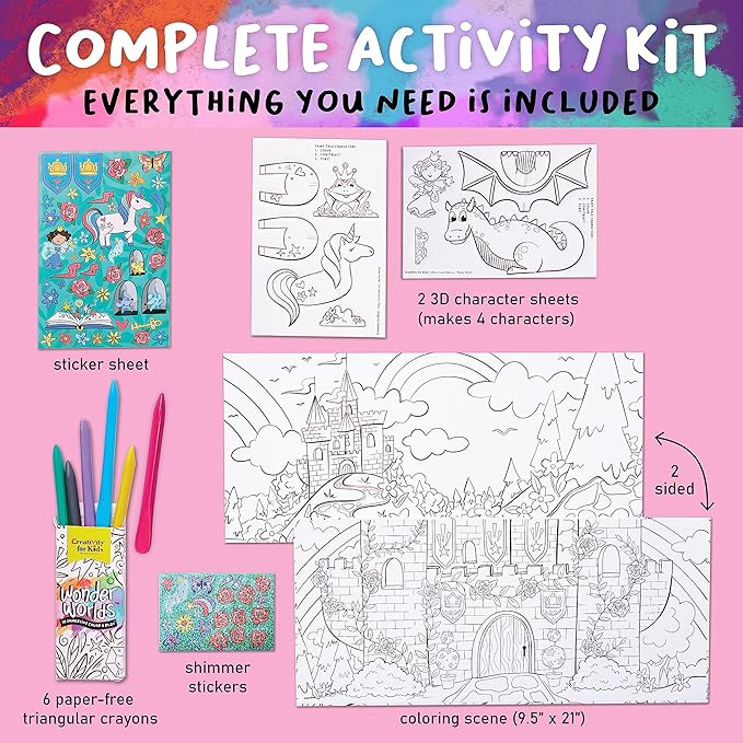 Creativity for Kids Wonder Worlds 3D Coloring Book: Fairy Tale - Unicorn and Princess Kids Coloring Art Set, Boys and Girls Gifts (Ages 5+)