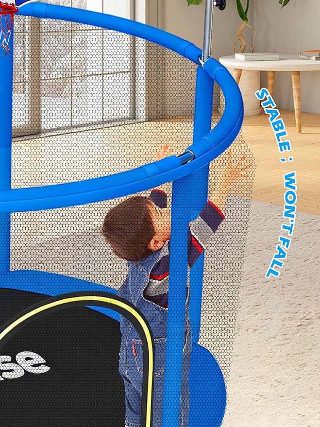 BLUERISE 55IN 6FT Toddler Trampoline for Kids Indoor Outdoor Play for Kids Trampoline Basketball Hoop Attachment with Enclosure Net Easy to Assemble