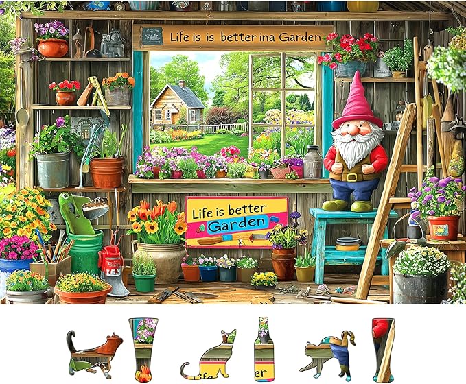 Garden Shed Scene 500 Piece Puzzle for Adults Gardening Tools Whimsical Garden Gnome Vibrant Flowers Decor Jigsaw Puzzle Fun Family Puzzles Gift for Adults Seniors（ 23"x15"）