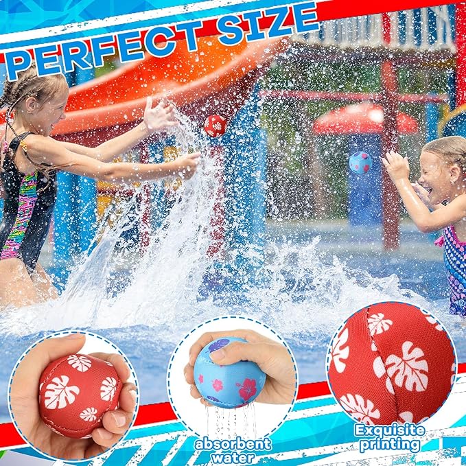 24 Pack Cartoon Hawaiian Party Favors Water Balls Bomb for Pool, 2 Inch Reusable Water Balls Bulk Red Blue Flower Patterns Absorbent Pool Toys for Kids Beach Luau Party Supplies