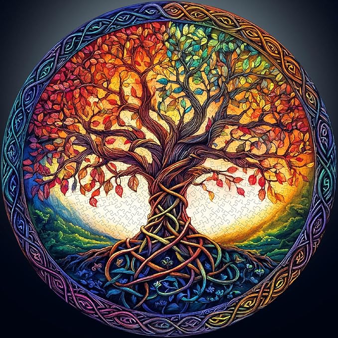 Tree of Life Puzzles for Adults 1000 Pieces - Stained Glass Jigsaw Puzzle with 3D Visual Effect, Challenging Colorful Mosaic Puzzle with Letters on Back, Challenging Hard Difficult Round Puzzles Games