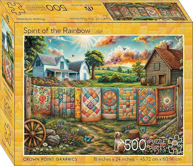 Crown Point Graphics Spirit of The Rainbow 500 Piece Puzzle, Farmhouse Quilt Art Country Scene Jigsaw, Soft Touch Texture with Poster