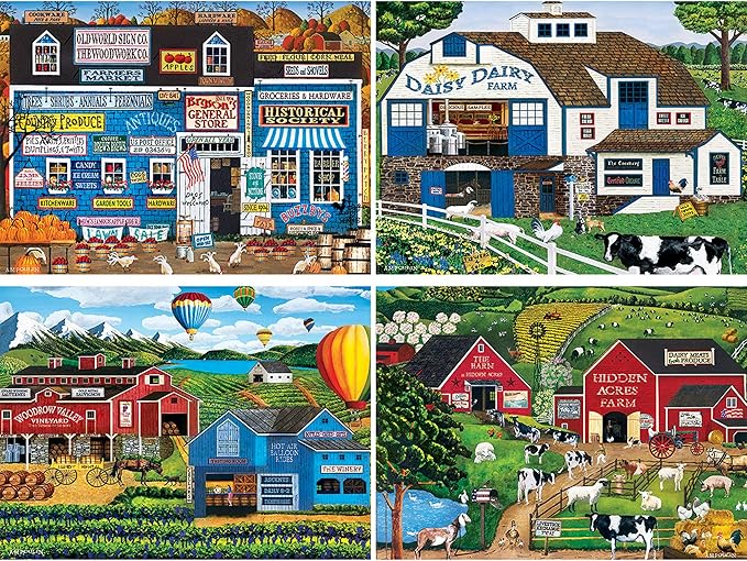 MasterPieces 2000 Piece Jigsaw Puzzle for Adults, Family, Or Youth - Fun Folk Art Am Poulin 4-Pack - 14"x19"