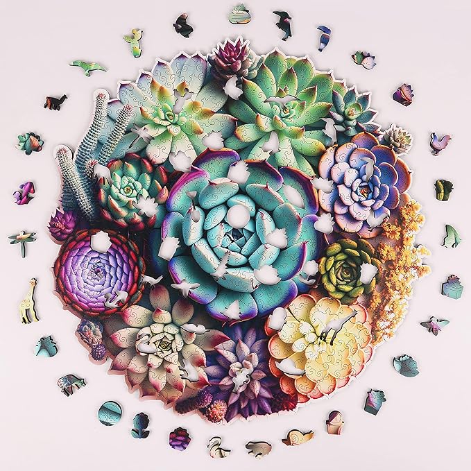 Delobil Wooden Jigsaw Puzzles - Mandala Succulent Plants, 1000 Piece Luxurious Shaped Wooden Puzzles for Adults and Kids, Family Game, 23.4'' x 22.6''
