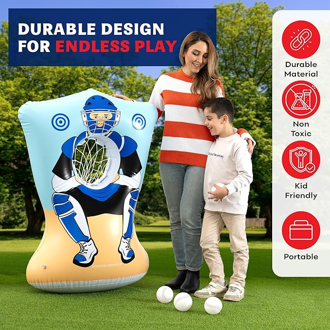 Inflatable Baseball Pitching Target for Kids 3 and Above - Double-Sided Throwing Toss Game with 4 Soft Balls - Indoor Outdoor Baseball Toys Training Equipment - Red/Blue