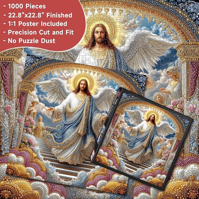 Divine Angel Jesus 1000 Piece Jigsaw Puzzle for Adults - Inspirational Christian Scene with Wings & Flowers, Poster & Lettered Back, 22.8" Square HD Quality, Unique Gift for Believers