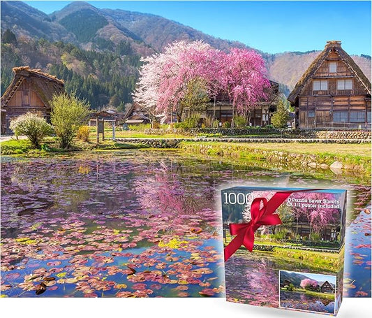 1000 Piece Puzzle for Adults - Scenic Village with Cherry Trees in Bloom, Gift-Ready Box, Letters on Back, 8 Jigsaw Puzzle Saver Sheets & Full-Size Poster by GERJATO - Ideal Gift for Loved Ones