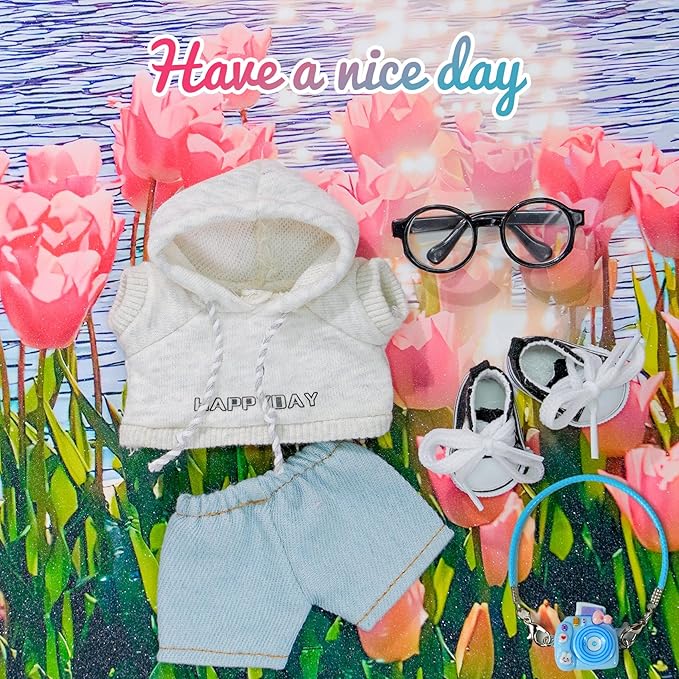 17cm Doll-Clothes-Outfit-Set,6PCS Casual Style Designer Doll Clothing Accessories for 17cm Dolls Boys-Hoody+Jeans+Small Camera+Glasses+Canvas Shoes(No Doll)