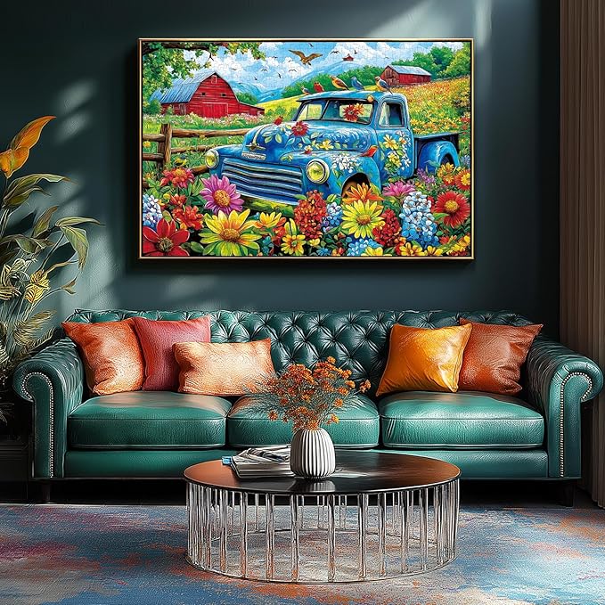MINIWAN 500 Piece Puzzles for Adults - Vintage Blue Truck Farm Floral Jigsaw Puzzle, 23x15 Inches with Unique Shaped Pieces for Relaxation & Home Decor